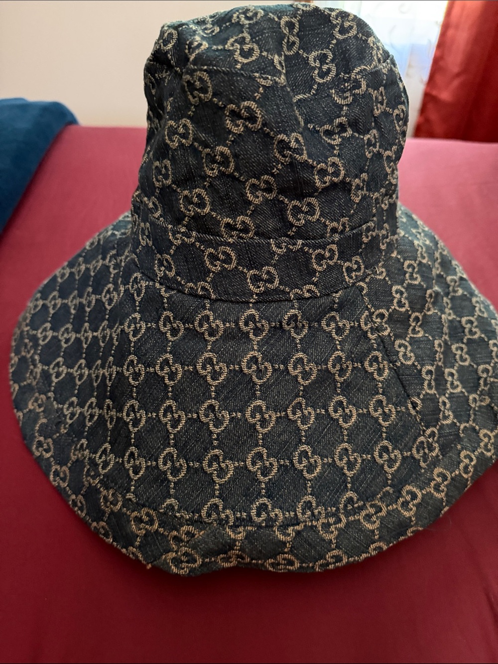 GUCCI GG Blue Denim Jacquard Bucket Hat Size M 57cm Eco Washed